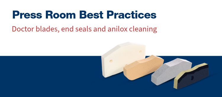 Best Practices for a Press Room Text that reads: press room best practices for doctor blades, end seals and anilox cleaning. Picture of end seals